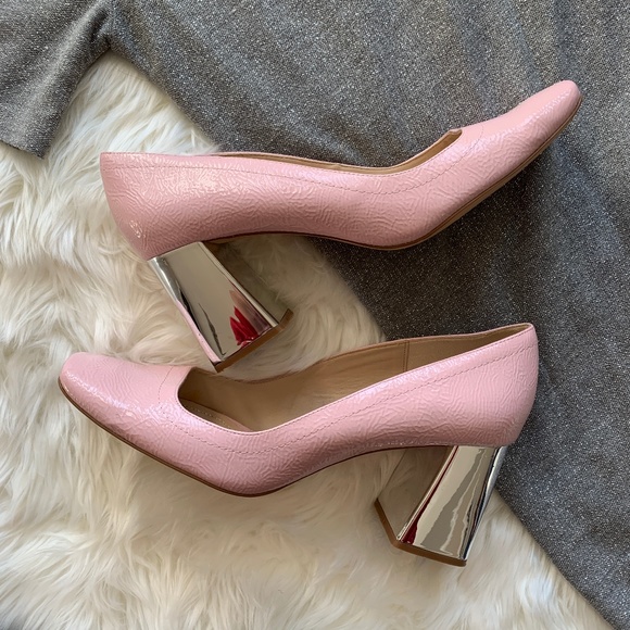 Zara Shoes - Zara Blush Laminated Metallic Chunky Heels Size 9